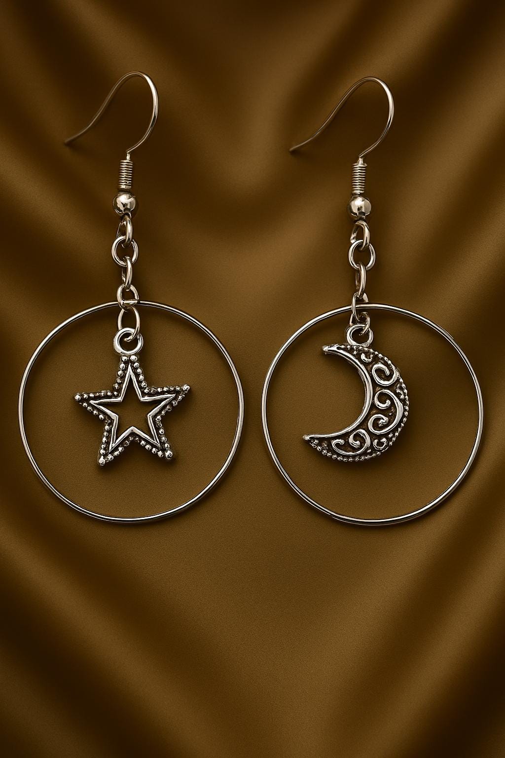 Silver Star & Moon Earrings– Celestial Dangle Earrings, Lunar Jewelry, Boho Chic Gift for Her