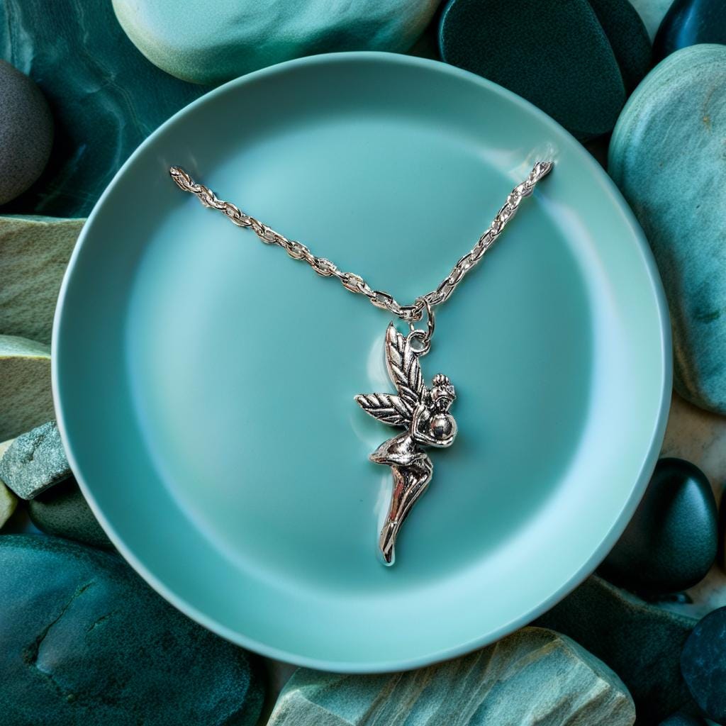 Tinker Bell Silver Necklace ā Fairy Pendant on Leather Cord, Handmade Fantasy Jewelry, BoutiqueByCheryl Gift for Her