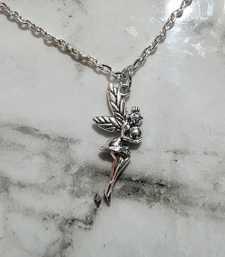 Tinker Bell Silver Necklace ā Fairy Pendant on Leather Cord, Handmade Fantasy Jewelry, BoutiqueByCheryl Gift for Her