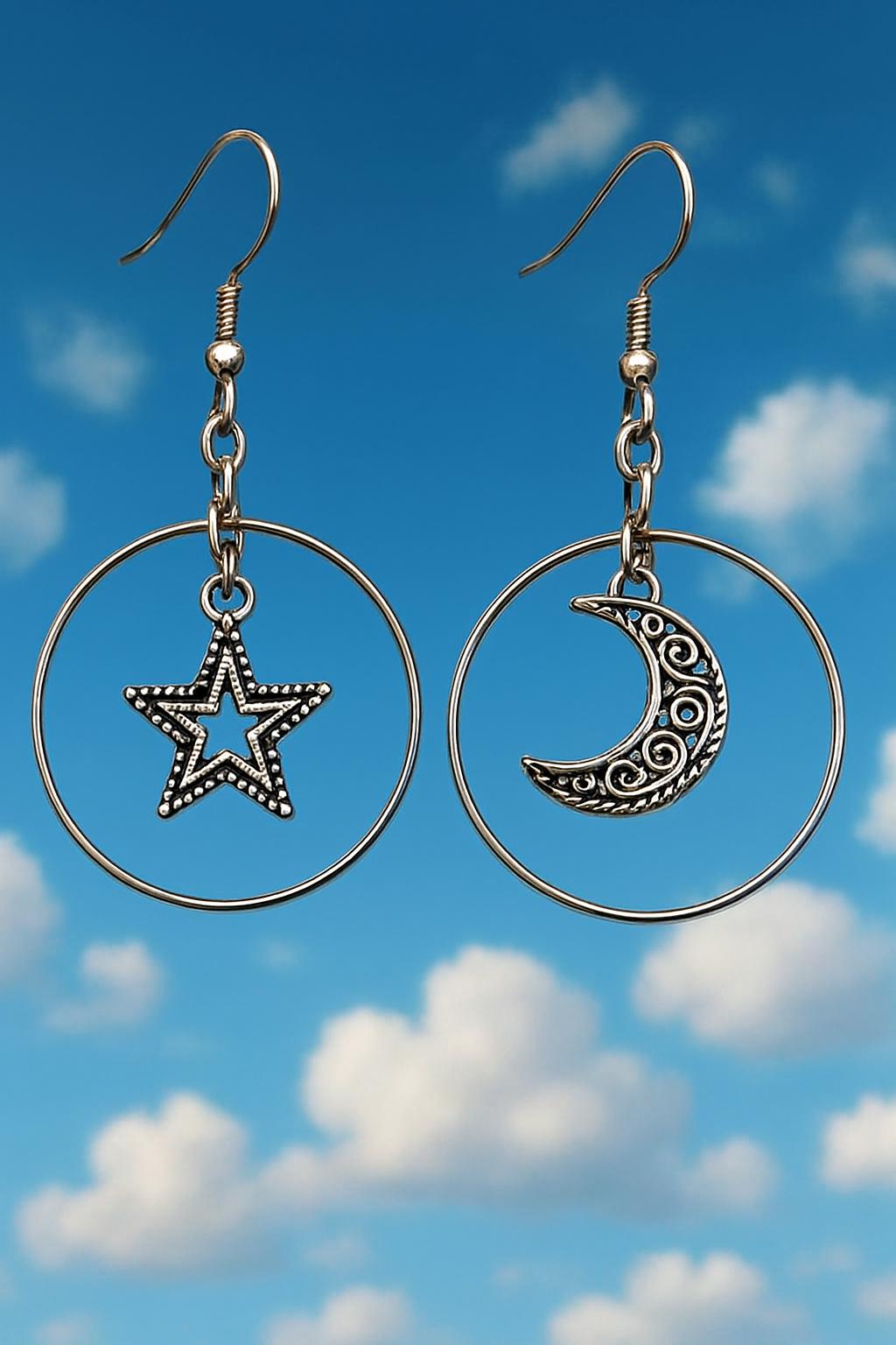 Silver Star & Moon Earrings– Celestial Dangle Earrings, Lunar Jewelry, Boho Chic Gift for Her