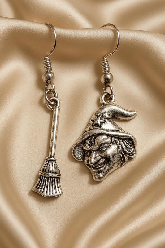 Moonlit Magic Silver Earrings – Witch & Broomstick Charms, Halloween Gothic Jewelry, BoutiqueByCheryl Handmade Gift for Her